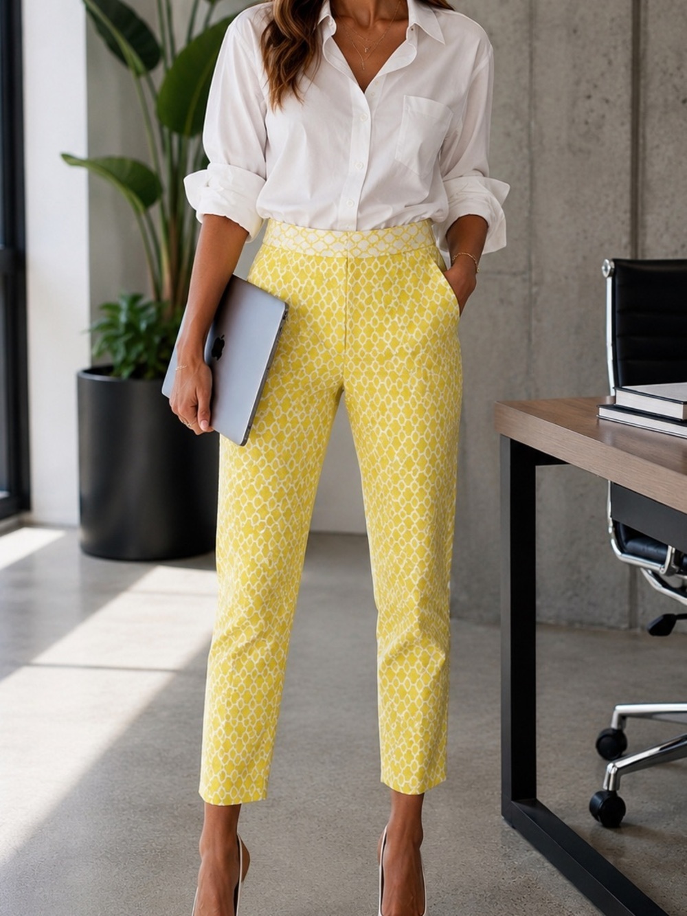 Yellow Quatrefoil Trellis Print Cigarette Pants Mod Trousers Croppedsz 8